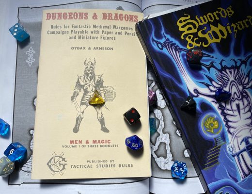 Scattered dice on game books used for the weekly Old School Dungeon Crawl